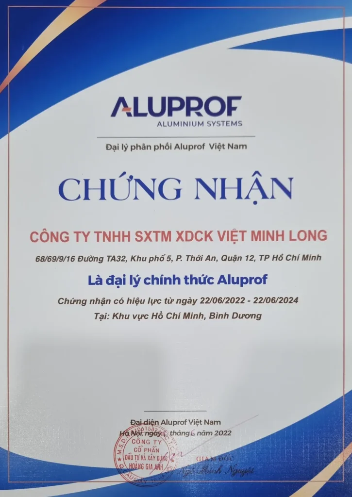 Cưa nhôm Việt Minh Long được chứng nhận là đại lý chính thức của Aluprof 