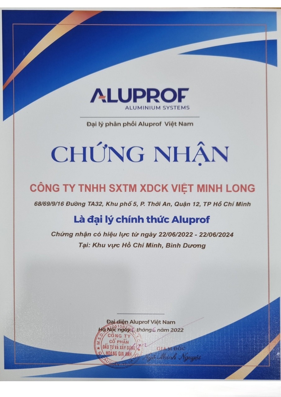 Cửa nhôm Việt Minh Long được chứng nhận là đại lý chính thức của thương hiệu cửa nhôm Aluprof