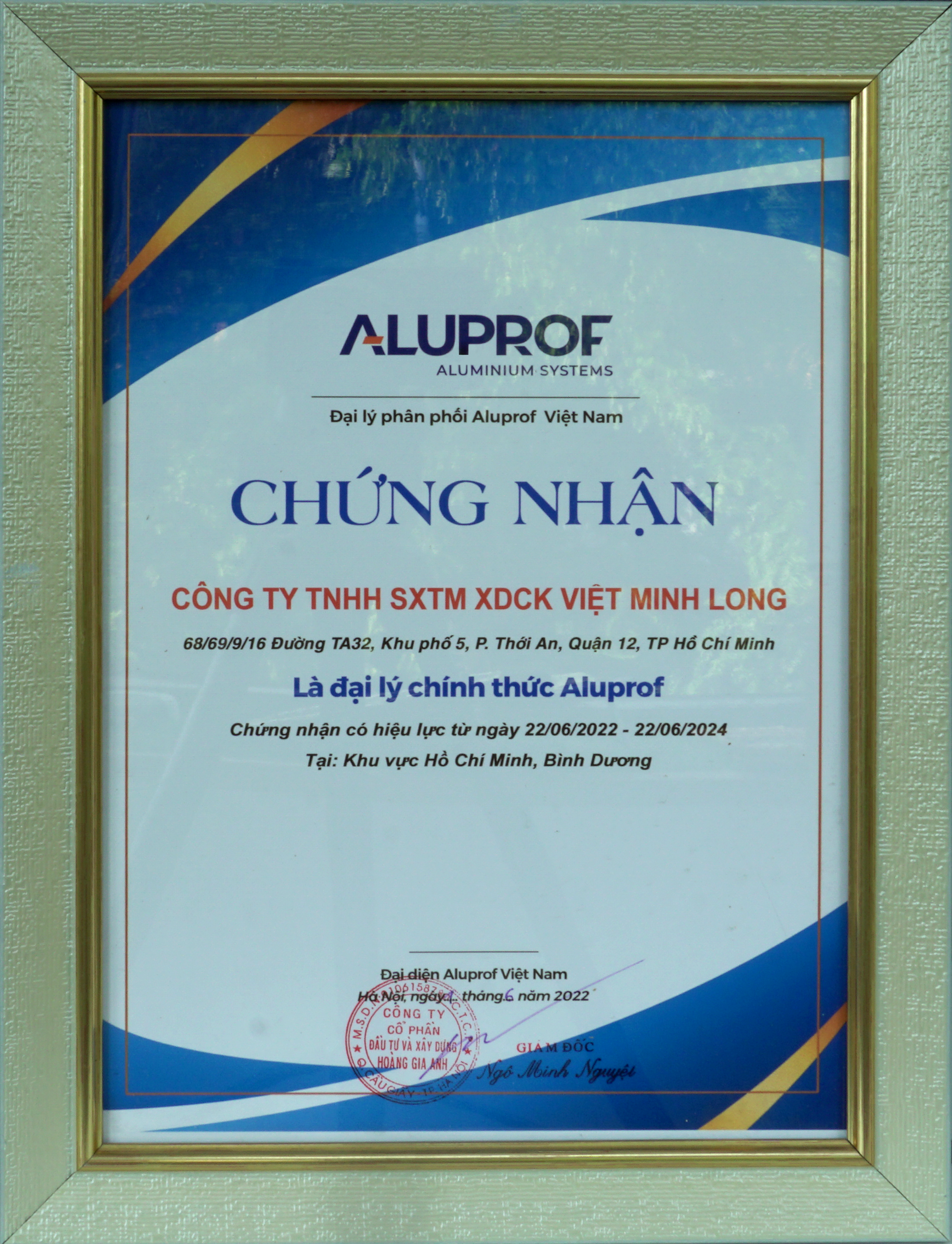 Giấy chứng nhận Cửa nhôm Việt Minh đủ điều kiện gia công và đủ tiêu chuẩn làm đại lý ủy quyền cho các thương hiệu