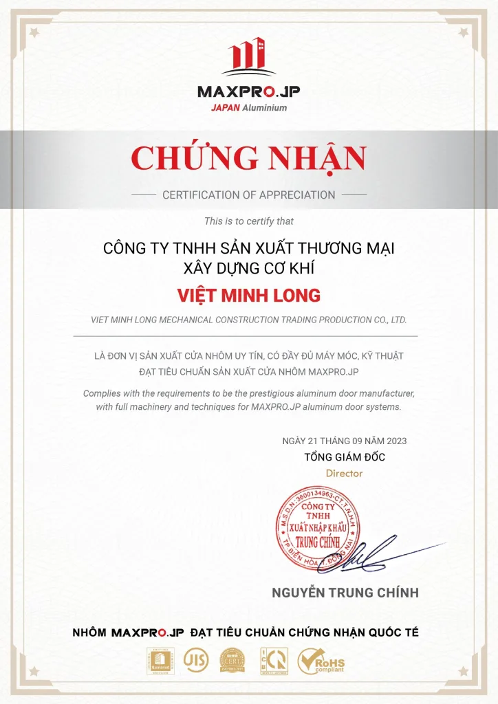 Giấy chứng nhận Cửa nhôm Việt Minh đủ điều kiện gia công và đủ tiêu chuẩn làm đại lý ủy quyền cho các thương hiệu