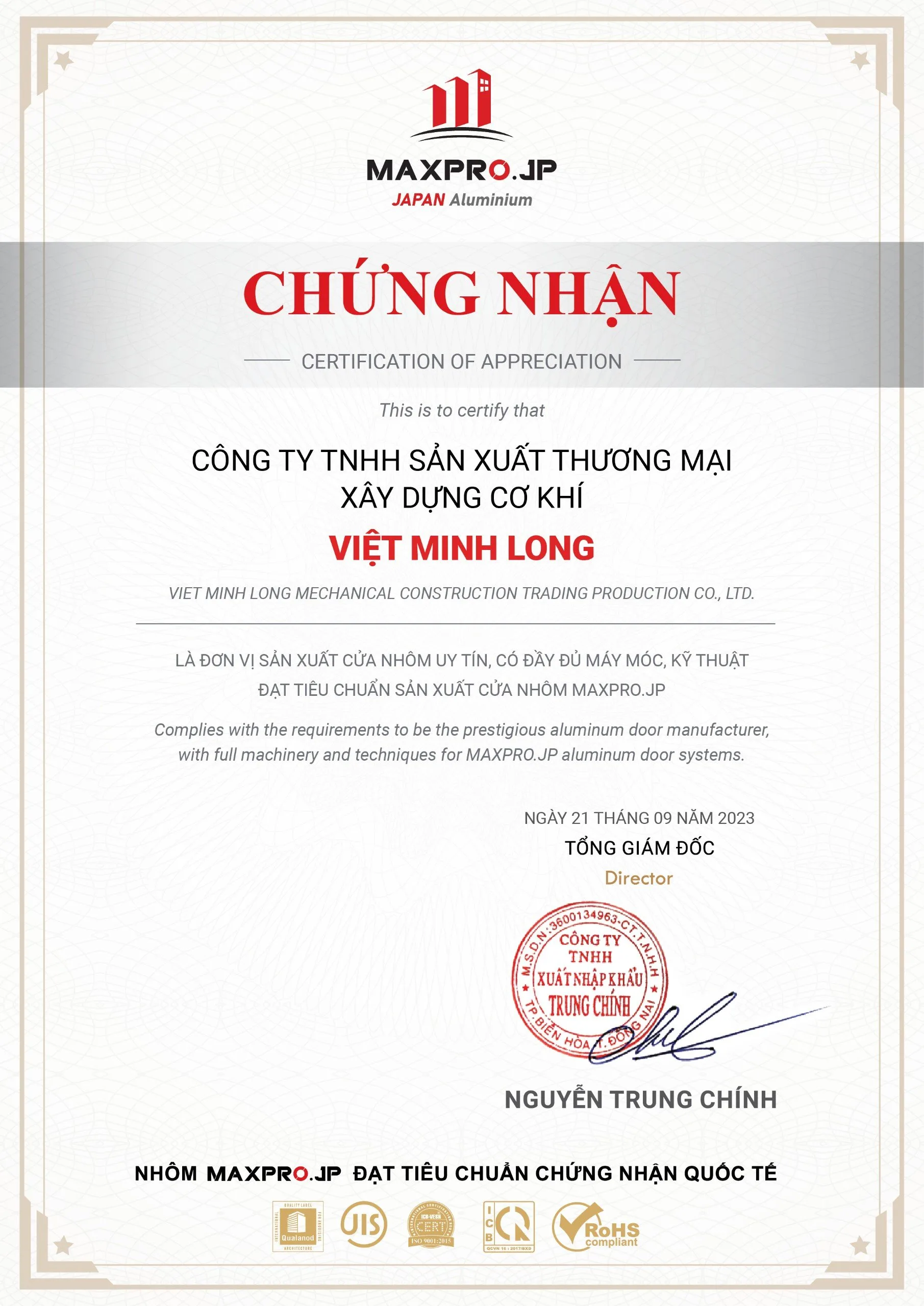 Việt Minh Long đạt chứng nhận đủ điều kiện sản xuất cửa nhôm kính đẹp với dòng nhôm Maxpro