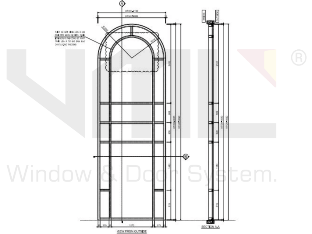 Kích thước cửa uốn vòm thông tầng 1 và tầng 2 | Cửa nhôm cao cấp Maxpro JP